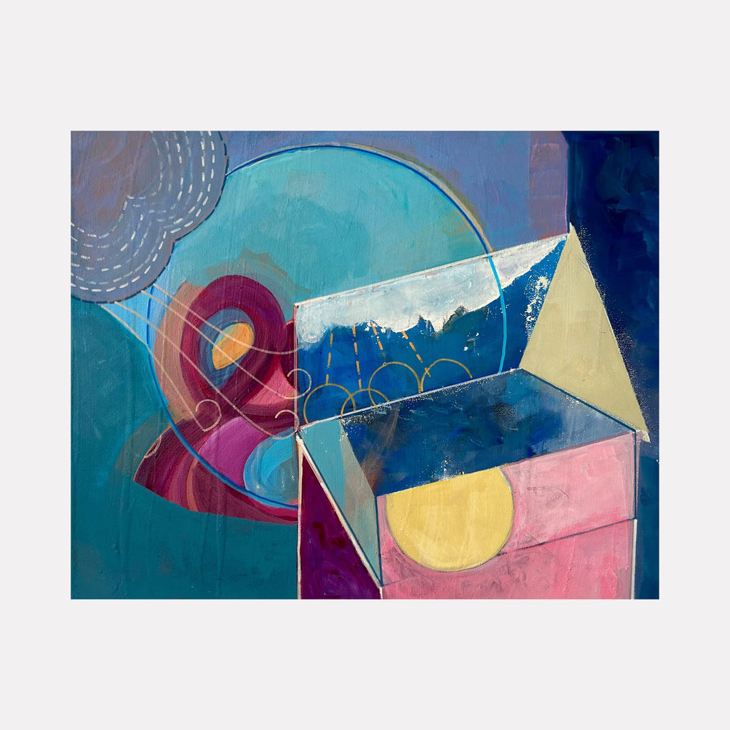 Out of the Box: Sun by Jane Dell features an abstract composition with a partially open box revealing geometric shapes and a yellow circular form inside. Layers of blue, pink, and purple hues interplay with circular rays and stitched line details, evoking warmth and light in a harmonious, contemplative arrangement.