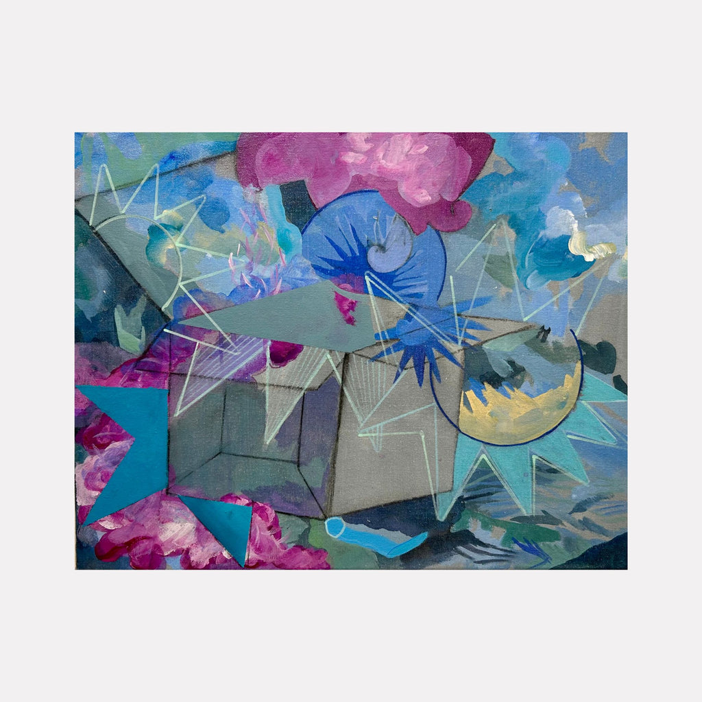 Out of the Box: Celebration by Jane Dell illustrates an abstract scene with a partially opened box at its center, surrounded by dynamic geometric shapes and vibrant swirls of blue, pink, and yellow. The composition blends sharp lines and flowing forms to convey a lively sense of joy and creative energy.