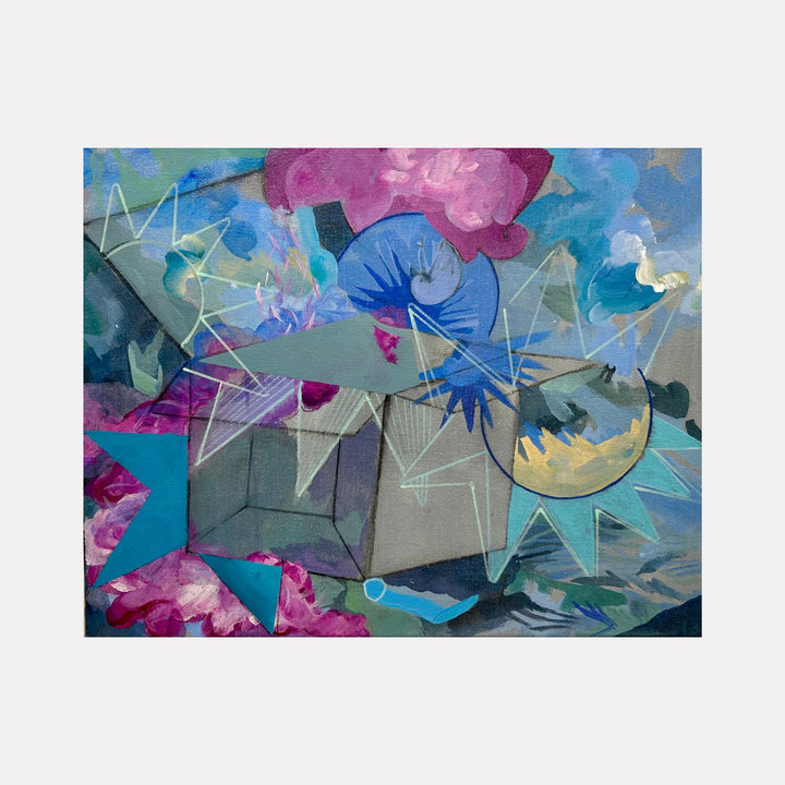 Out of the Box: Celebration by Jane Dell illustrates an abstract scene with a partially opened box at its center, surrounded by dynamic geometric shapes and vibrant swirls of blue, pink, and yellow. The composition blends sharp lines and flowing forms to convey a lively sense of joy and creative energy.