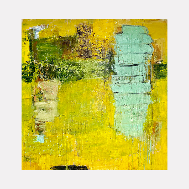 The artwork 'Pssst, I'm over here' features bold abstract expressionism with dominant yellow background contrasting with mint green vertical forms. Textured oil brushstrokes create depth through layered paint on linen, with touches of sage green and earthy tones blending throughout the composition. By Petra Nimtz.