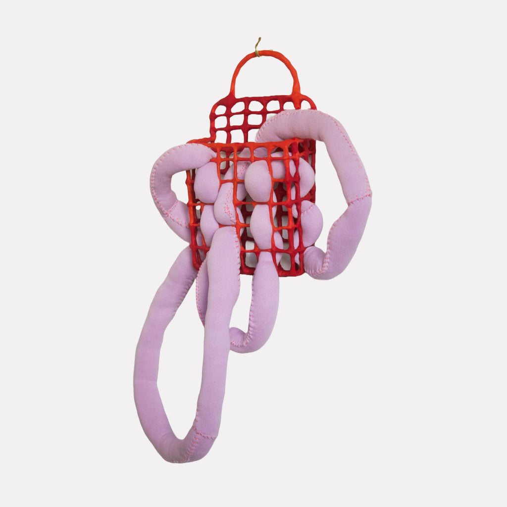 Receptacle by Hanna Washburn is an imaginative textile sculpture featuring a vibrant red grid-like form entwined with soft, elongated lavender tubes. The piece combines intricate stitching and plush textures to create an abstract, organic structure with a playful yet contemplative presence.