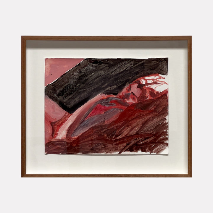 The artwork 'Red Stare' by Jillian Shea features bold brushstrokes in deep crimson and black tones, creating an abstract expressionist composition on paper. Dynamic sweeping movements in oil paint create a contrast between dark shadows and bright red highlights, all contained within a custom brown wooden frame.