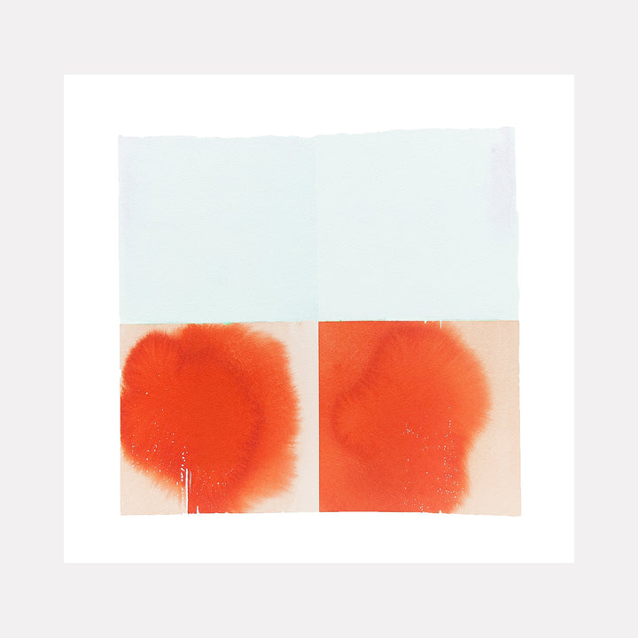 The artwork 'Same/different under a clotted sky' by Ken Schiano features a minimalist composition split into two panels. Each panel displays a vibrant orange-red watercolor bloom against a pale cream background, topped by a subtle blue-white sky. The organic, diffused edges of the watercolor create mirror-like forms, showcasing the medium's fluid nature.