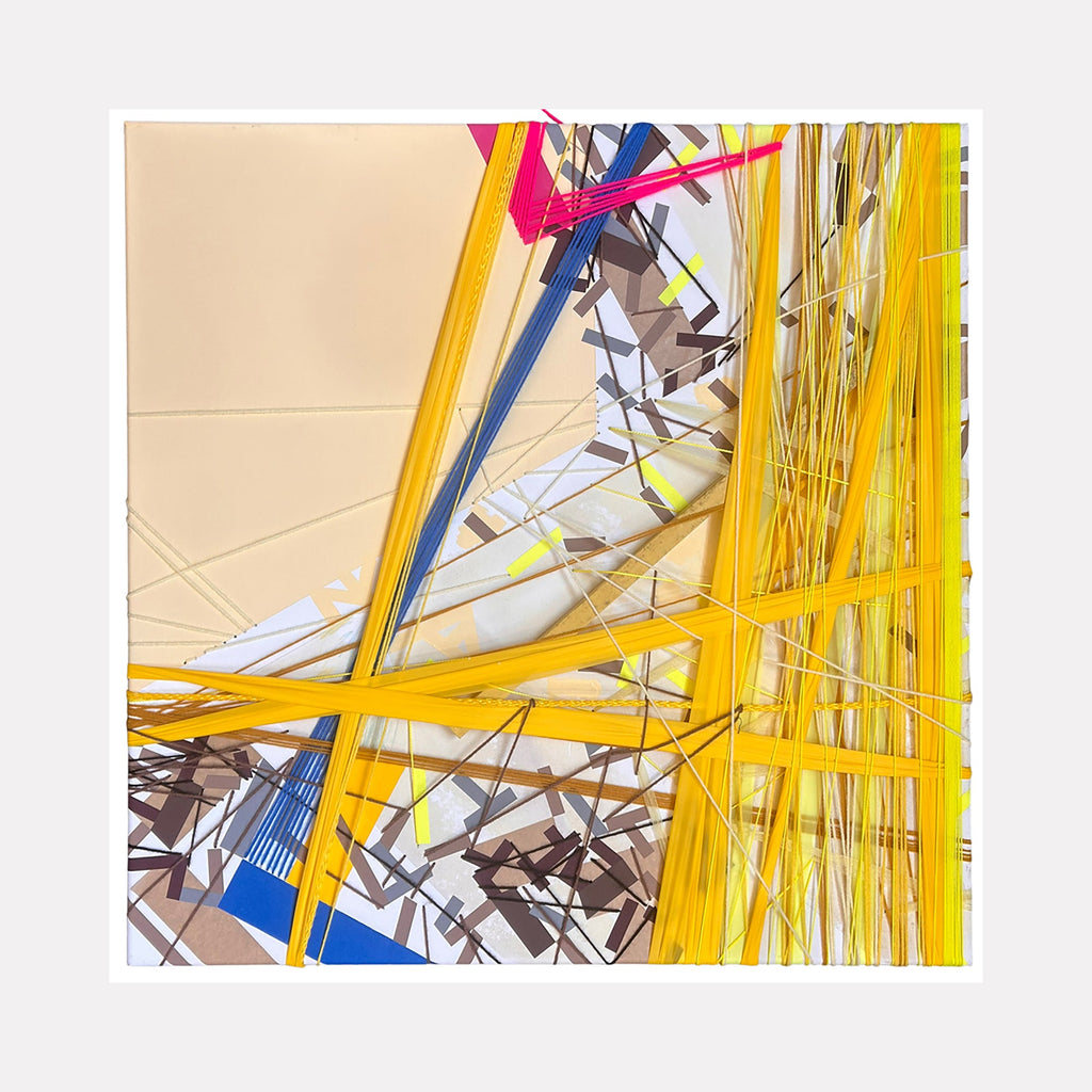 The artwork 'sellezn4ii' by Philippe Halaburda features dynamic intersecting lines in vibrant yellow, blue, and pink against a neutral background. Abstract geometric shapes and angular fragments create a sense of movement and depth. Bold brushstrokes and mixed media techniques combine with sharp architectural elements, creating a modern urban aesthetic in a 30x30 inch composition.