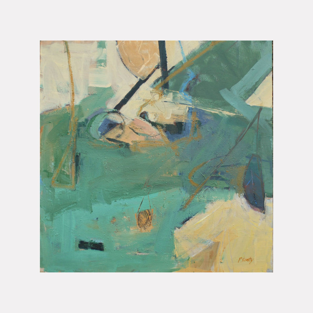 Slight Rustle by Penny Santy features an abstract composition with layered teal and muted beige tones, accented by soft brushstrokes and subtle linear elements that create a calm, textured atmosphere in this elegant contemporary art piece.