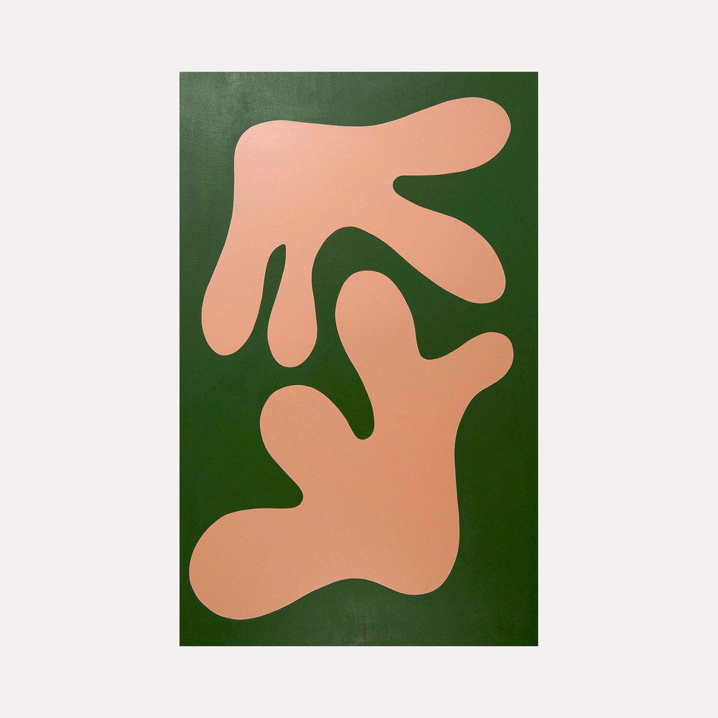 The artwork 'STAGHORN I' by Shadia Sabagh features abstract organic shapes in soft salmon pink against a deep forest green background. Two flowing, biomorphic forms reminiscent of coral or plant tendrils create a striking minimalist composition on acrylic canvas. The contrasting colors and smooth curves evoke a sense of natural movement and growth. By Shadia Sabagh.