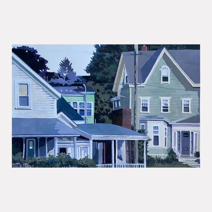 Summer Houses by Kristin Stashenko illustrates a quiet neighborhood scene with softly shaded wooden homes in muted greens and blues, framed by darkened foliage. The tranquil composition evokes a serene suburban atmosphere, highlighting gentle contrasts of light and shadow on classic architectural details in a peaceful setting.