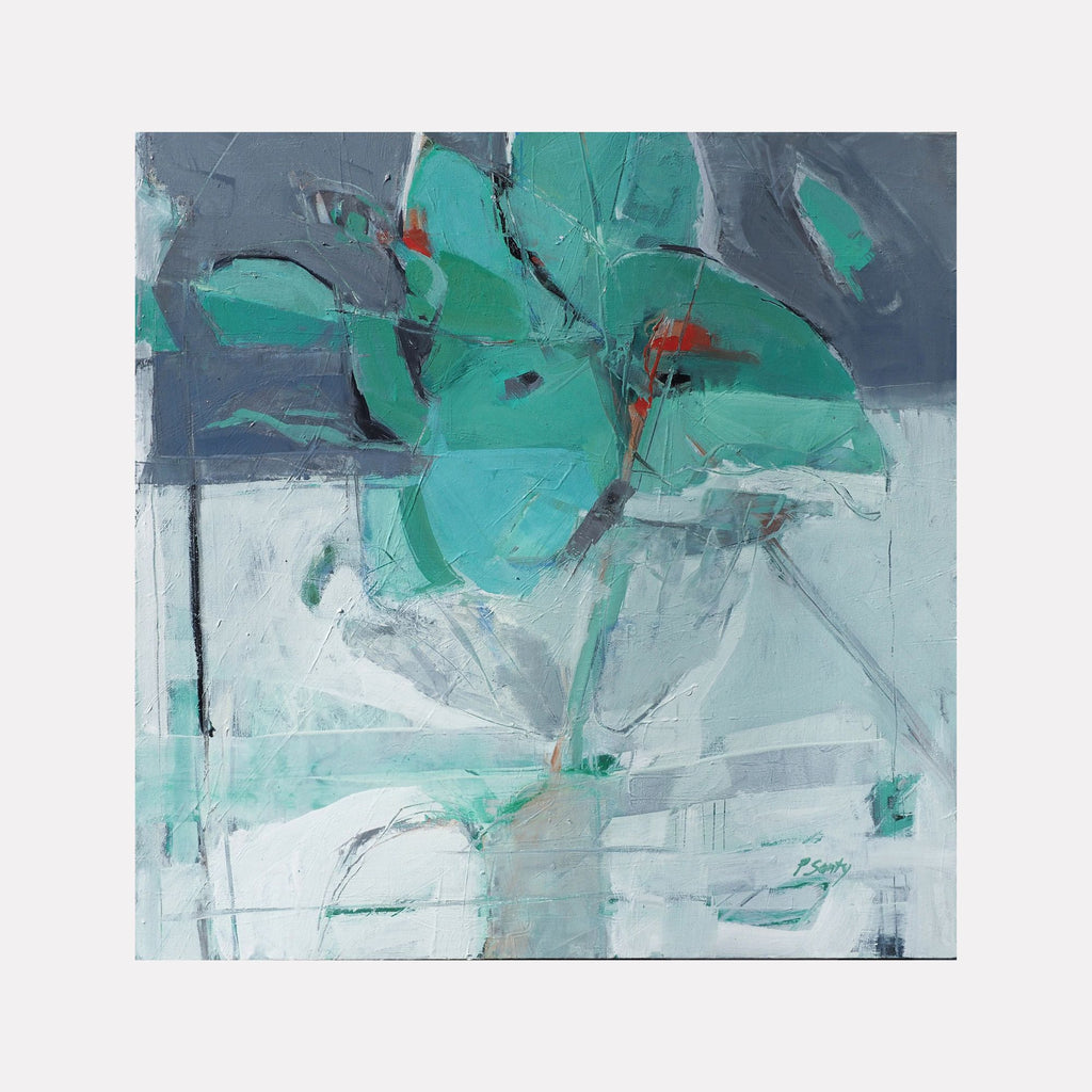 Surfacing by Penny Santy features abstract forms in cool blues and greens with splashes of red, layered with textured brushstrokes and intersecting lines, evoking a serene yet dynamic composition in contemporary art.