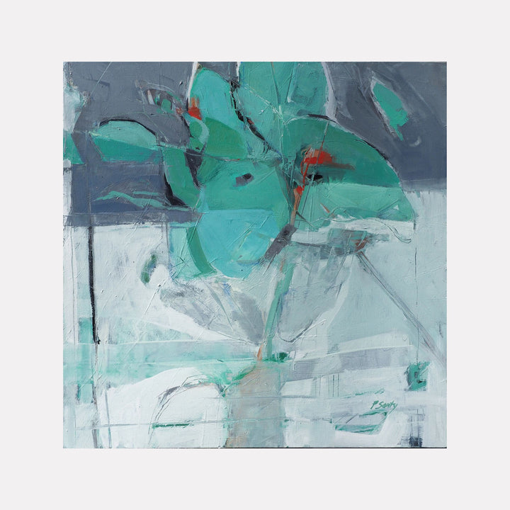 Surfacing by Penny Santy features abstract forms in cool blues and greens with splashes of red, layered with textured brushstrokes and intersecting lines, evoking a serene yet dynamic composition in contemporary art.