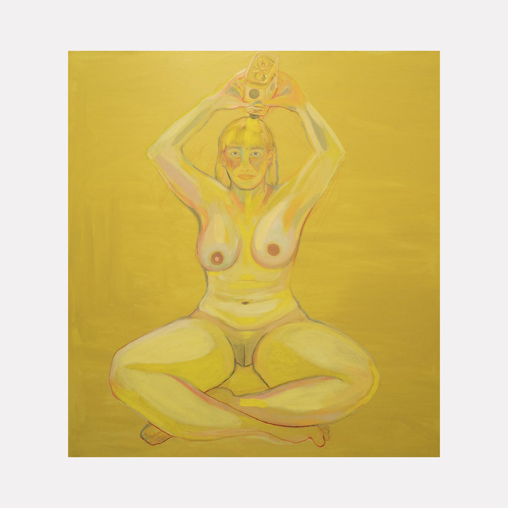 The artwork 'The Anointing' features a seated figure in a meditative pose rendered in luminous yellow and golden tones. The oil painting depicts graceful curves and flowing lines against a warm monochromatic background, creating a spiritual and ethereal atmosphere. The composition emphasizes balance and serenity through its symmetrical arrangement. By Chelsie Sunde.