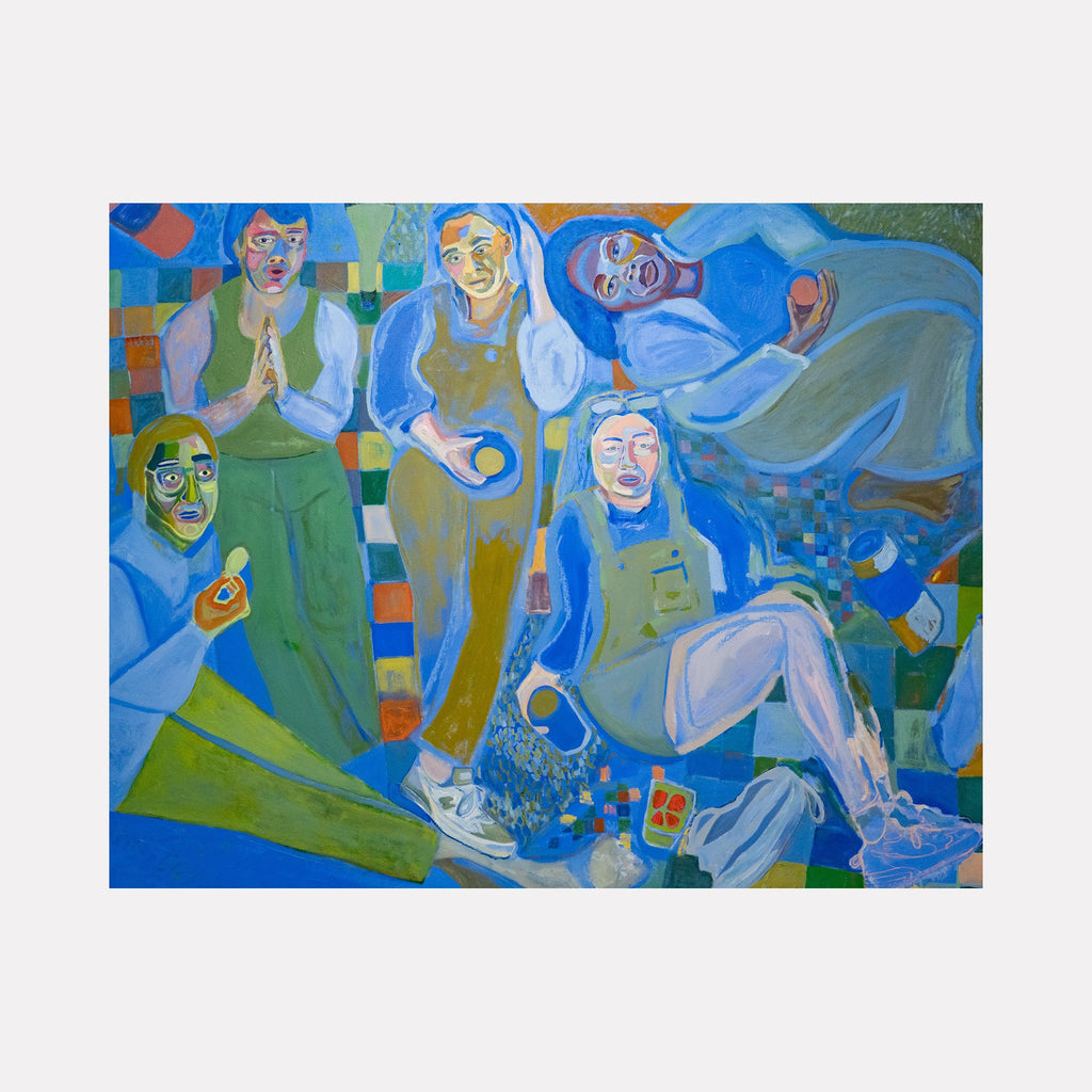 The artwork 'The Last Supper of Summer' depicts figures lounging in vibrant blues and greens, arranged in a contemporary, abstract style. Oil painting shows relaxed poses against a geometric patterned background, with bold brushstrokes creating a dynamic summer picnic scene. 66x84 inches canvas captures modern leisure with expressive color blocks by Chelsie Sunde.