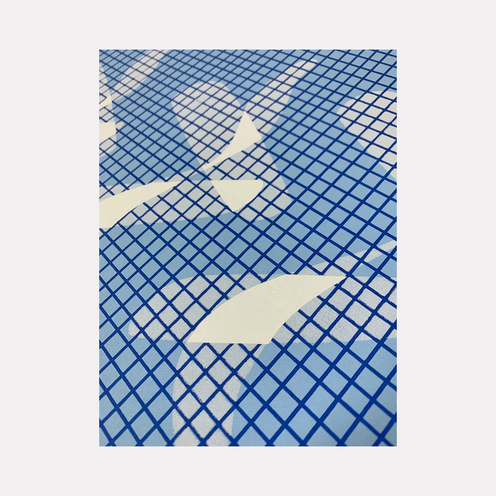 The artwork 'Time Isn't Real' by Morgan Hale features a geometric grid pattern in deep blue ink overlaid with abstract white silhouettes resembling birds or organic shapes. The print combines precise linear patterns with fluid negative space, created using ink and investment plaster on paper through collaboration with Flash Flood Print.