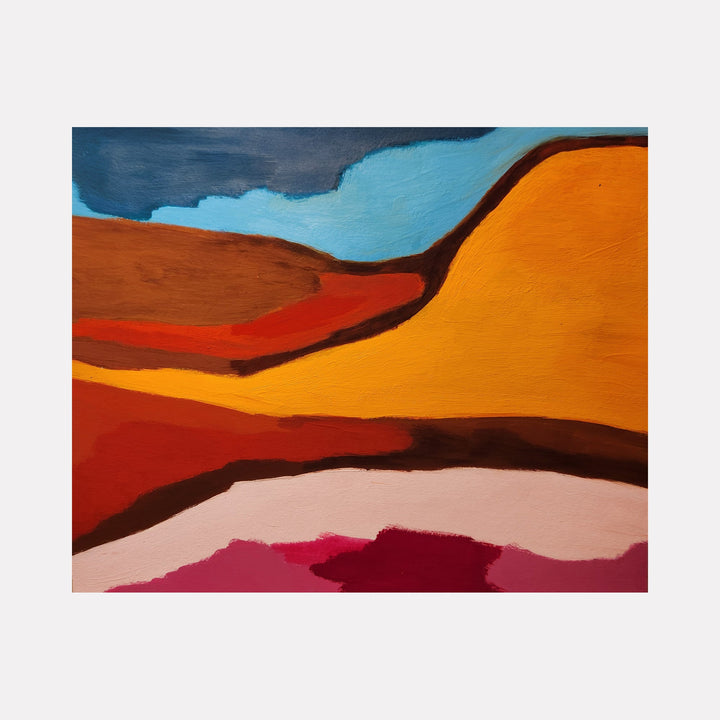 The artwork 'Trip Two' by Joanie Flickinger features bold abstract landscape shapes in warm earth tones. Flowing curves of terracotta, orange, and deep red create undulating hills beneath a turquoise sky. The composition uses acrylic gouache to achieve rich color saturation on cotton paper, mounted on wood panel.