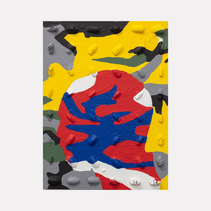 Trying to Blend In 10" by Marco DaSilva features a dynamic abstract composition with raised textural elements. A central circular form in red and blue dominates, surrounded by bold yellow, grey, and green camouflage-like patterns. Created using house paint, acrylic nails, and plastic combs on wood panel, the artwork exhibits a unique tactile quality through its mixed media approach.