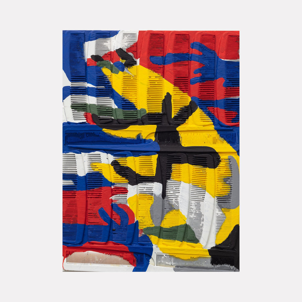 The artwork 'Trying to Blend In 11' by Marco DaSilva features a vibrant abstract composition created with house paint on wood panel, incorporating acrylic nails and plastic combs. Bold blocks of primary colors - red, blue, and yellow - intersect with black silhouettes and white spaces, creating a dynamic layered effect with textural elements from embedded combs. By Marco DaSilva.