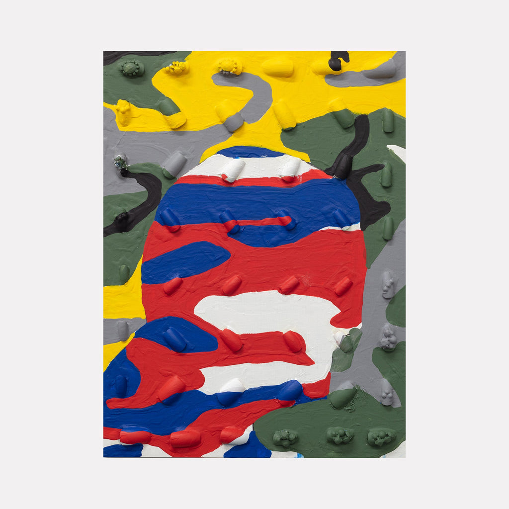 The artwork 'Trying to Blend In 12' by Marco DaSilva features a vibrant mixed-media composition with raised textures created using house paint, acrylic nails, and plastic combs. Abstract camouflage-like patterns in bold red, blue, white, army green, and yellow create dynamic, overlapping shapes on a wood panel, with dimensional elements adding tactile depth.