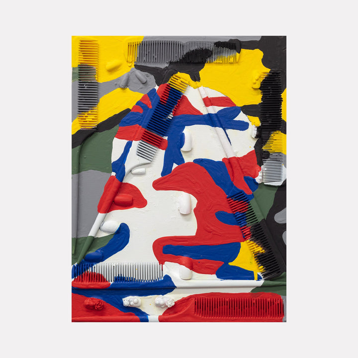 The artwork 'Trying to Blend In 13' by Marco DaSilva features an abstract composition of vibrant red, blue, yellow, and white paint strokes interwoven with black plastic combs. The artwork incorporates acrylic nails and house paint on wood panel, creating a dynamic textural interplay between hard and soft elements. The combs create a structured pattern against fluid paint forms. by Marco DaSilva