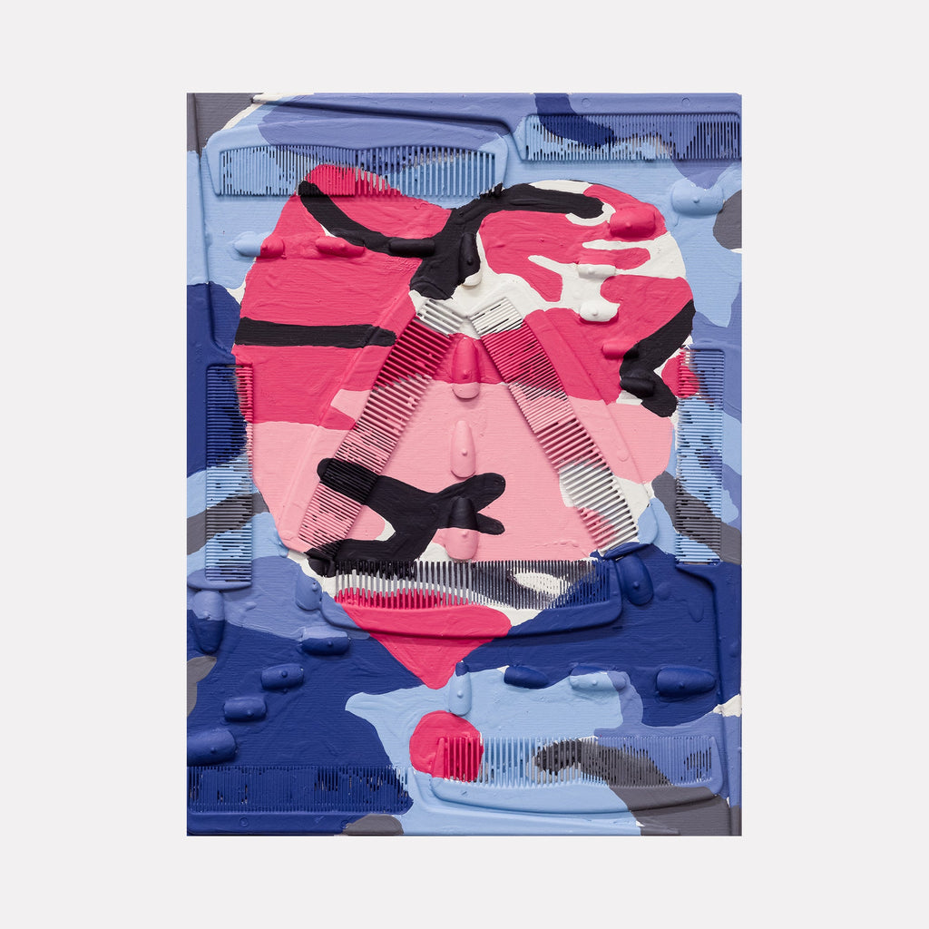 The artwork 'Trying to Blend In 1' by Marco DaSilva features an abstract composition with plastic combs and acrylic nails arranged on a wood panel. Bold pink and red shapes contrast against navy blue tones, creating a dynamic camouflage-like pattern. The textural elements of house paint create layered depth, while strategic placement of combs adds geometric structure. By Marco DaSilva.