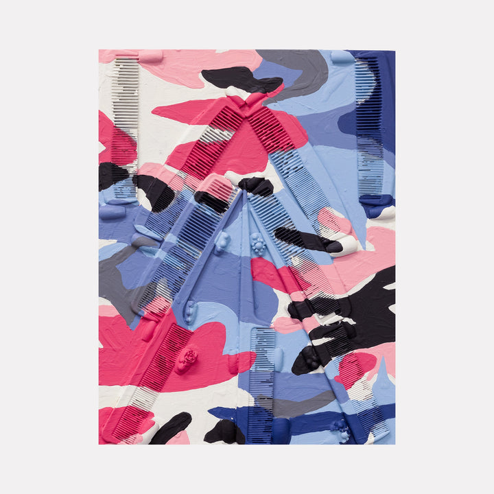The artwork 'Trying to Blend In 2' by Marco DaSilva features an abstract collage-like composition of overlapping combs and acrylic nails in vibrant pink, periwinkle blue, navy, and black. The mixed media piece creates a dynamic camouflage pattern using everyday beauty tools, painted with house paint on wood panel. Art by Marco DaSilva.