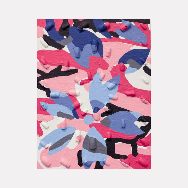 The artwork 'Trying to Blend In 3' by Marco DaSilva features an abstract composition of overlapping shapes in pink, blue, black, and white. The textured surface, created with house paint, acrylic nails, and plastic combs on wood panel, creates a dynamic camouflage-like pattern with dimensional elements protruding from the surface.