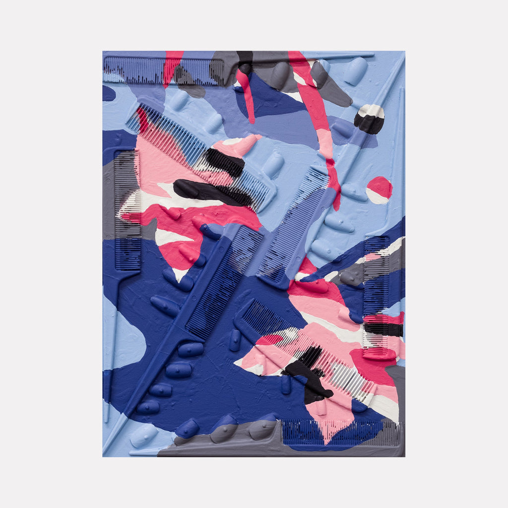 The artwork 'Trying to Blend In 4' by Marco DaSilva features an abstract composition of overlapping plastic combs in navy blue and pink tones. The mixed media piece incorporates house paint creating dynamic swirls and textures, with acrylic nails adding dimensional elements against a wood panel. The composition suggests movement through contrasting colors and layered elements. By Marco DaSilva.
