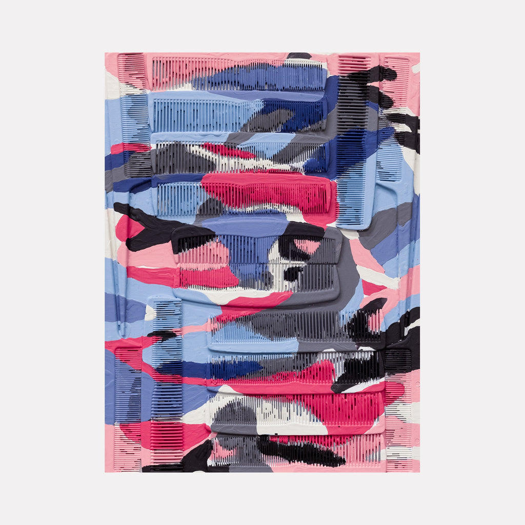 The artwork 'Trying to Blend In 5' by Marco DaSilva features an abstract composition using plastic combs embedded in swirling patterns of pink, blue, and black house paint. The textural piece incorporates acrylic nails creating a dynamic layered effect on wood panel, with distinctive comb-like striations throughout the 9x12 surface. By Marco DaSilva.