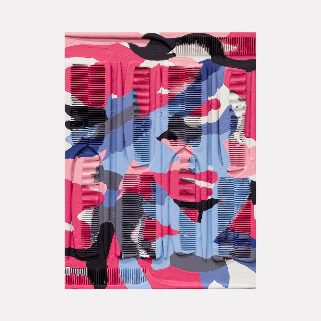 The artwork 'Trying to Blend In 6' by Marco DaSilva features an abstract composition created with pink, blue, black, and white house paint. Plastic combs create a textured striped pattern across the surface, while acrylic nails add dimensional elements. The mixed-media piece on wood panel presents a dynamic interplay of geometric and organic forms.