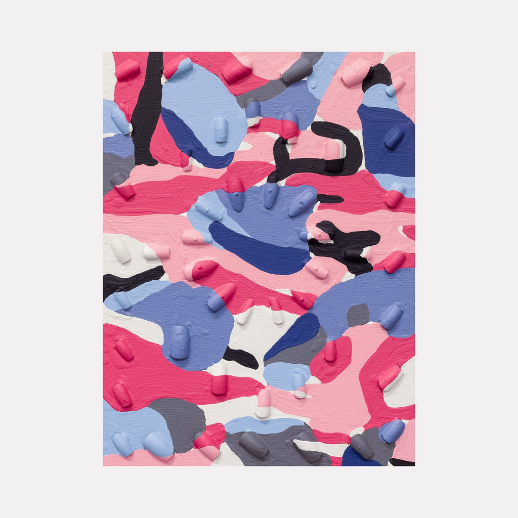 The artwork 'Trying to Blend In 7' by Marco DaSilva features an abstract camouflage-like pattern with raised textural elements in pink, blue, and white. Created using house paint, acrylic nails, and plastic combs on wood panel, the piece displays organic, flowing shapes with a dynamic three-dimensional surface. The composition combines soft pastels with bold navy accents. By Marco DaSilva.
