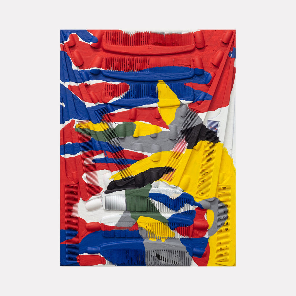 The artwork 'Trying to Blend In 8' by Marco DaSilva features a vibrant abstract composition created with embedded plastic combs and acrylic nails on wood panel. Bold strokes of red, blue, yellow, and gray house paint create dynamic patterns and layers. The combs add unique texture and dimensional elements to the mixed-media piece, measuring 9x12 inches. By Marco DaSilva.
