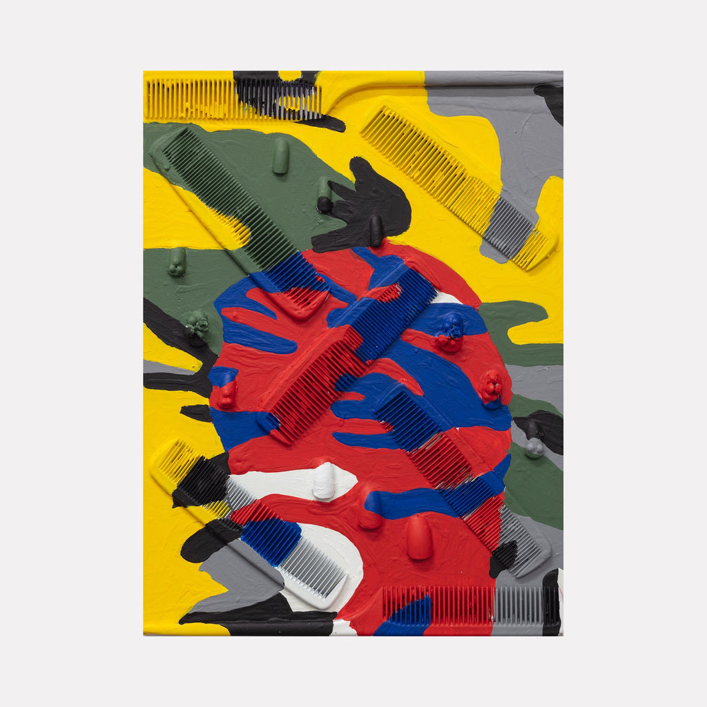 The artwork 'Trying to Blend In 9' by Marco DaSilva features overlapping plastic combs and acrylic nails arranged in a dynamic collage against a vibrant yellow background. The composition incorporates bold red and royal blue elements with forest green accents, creating a striking abstract pattern on wood panel. The textural interplay of house paint and mixed media elements adds depth and dimension.