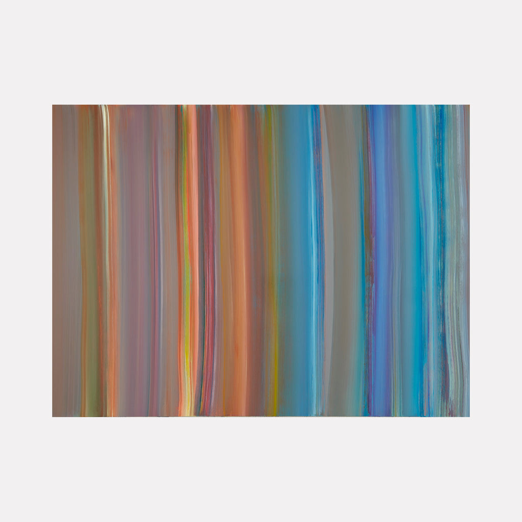 The artwork 'Victory Banner 1' by Willy Bo Richardson features vertical brushstrokes in a gradient spectrum, transitioning from warm earth tones to cool oceanic blues. The oil painting on aluminum panel showcases smooth blending techniques creating ethereal striations of color, with luminous orange and turquoise hues dominating the composition. Artist: Willy Bo Richardson