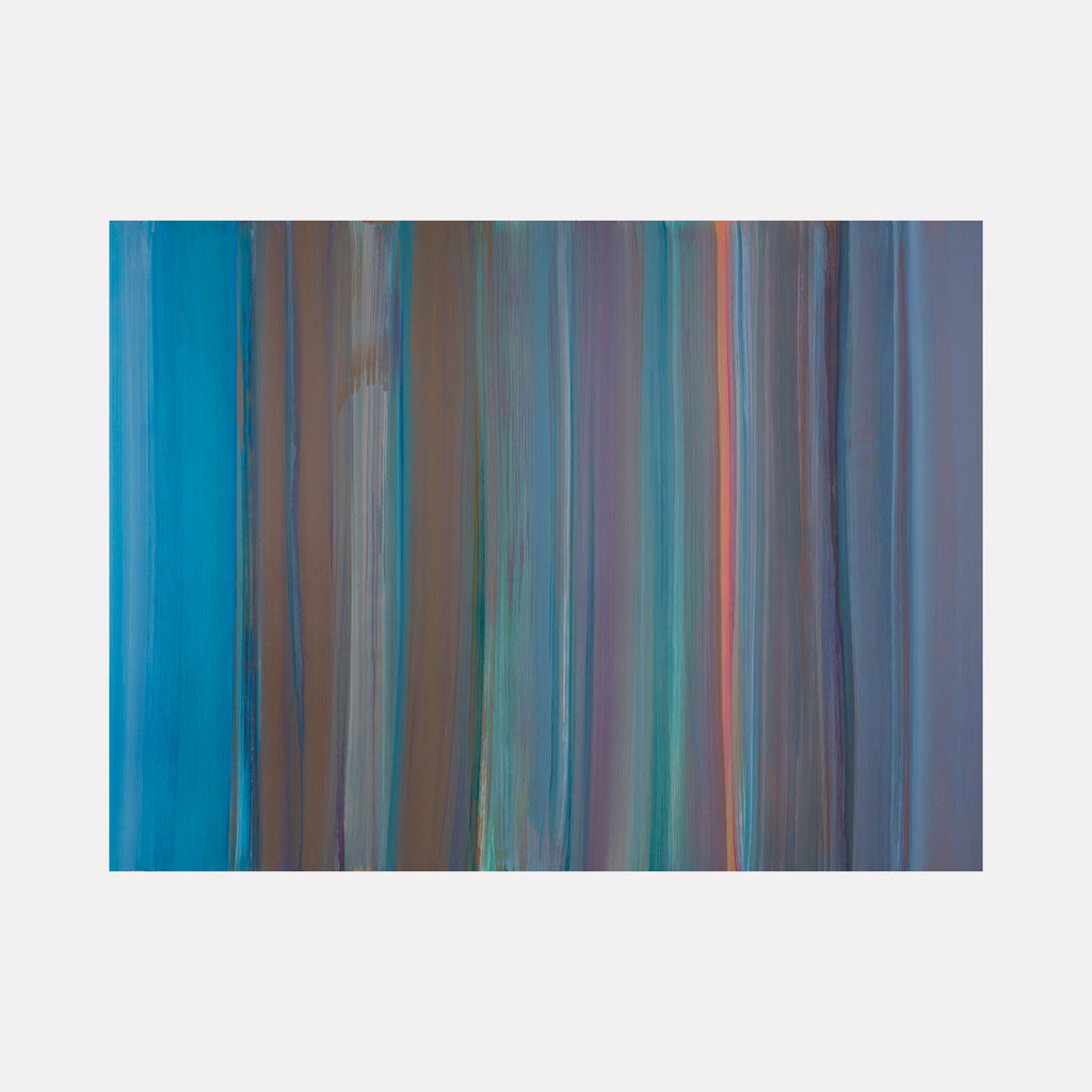 The artwork 'Victory Banner 2' by Willy Bo Richardson features vertical brushstrokes in a harmonious blend of turquoise blue, earthy brown, and muted purple tones. The oil painting on aluminum panel creates a flowing, atmospheric effect with smooth transitions between colors, suggesting movement and depth through parallel linear strokes.