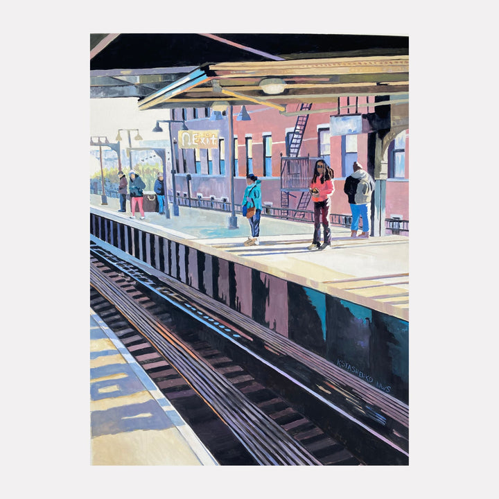 Waiting for the M Train by Kristin Stashenko captures a quiet subway platform bathed in warm sunlight, with scattered figures waiting amid architectural details and urban textures. The composition evokes a moment of stillness and anticipation in a familiar city scene, rendered with subtle color contrasts and thoughtful brushwork.