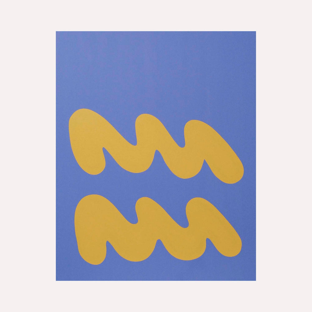 The artwork 'WAVES I' by Shadia Sabagh features two parallel, flowing wave-like forms in golden yellow against a vibrant periwinkle blue background. The abstract minimalist composition on canvas showcases smooth, curvilinear shapes reminiscent of ocean waves, creating a harmonious balance between negative and positive space. Acrylic on canvas, 24x30 inches.