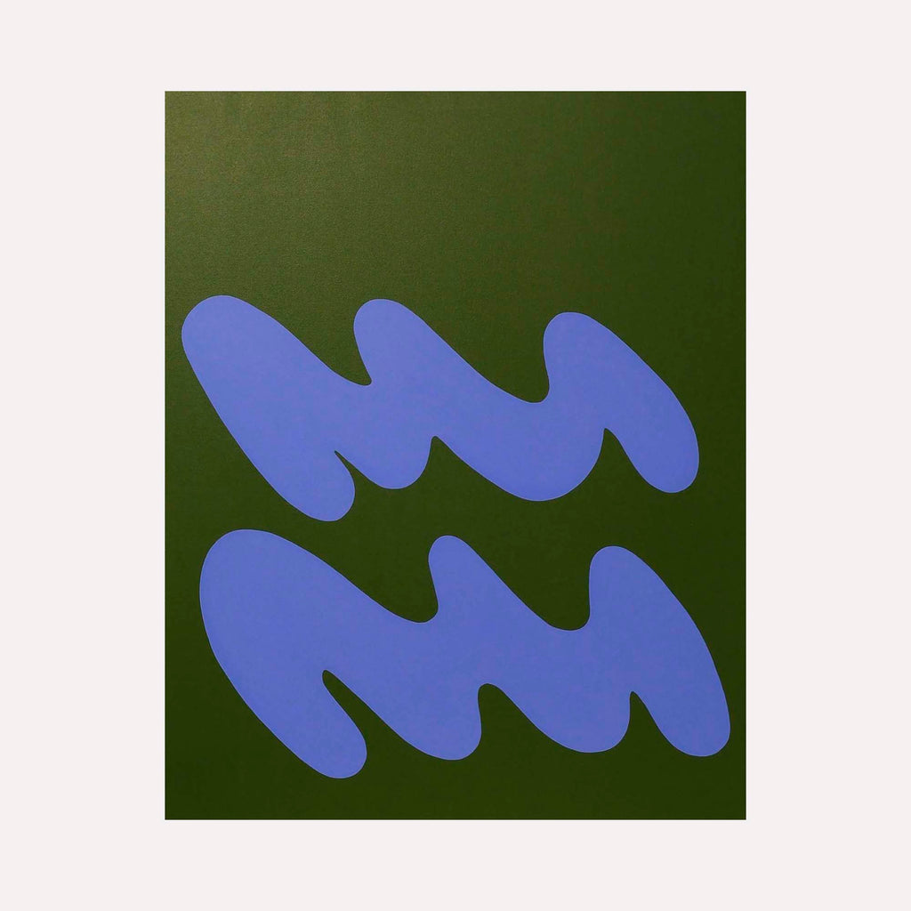 The artwork 'WAVES II' by Shadia Sabagh features two abstract wavy shapes in vibrant periwinkle blue against a deep forest green background. The minimalist composition creates a flowing, rhythmic pattern reminiscent of ocean waves or water movement. The acrylic on canvas piece showcases clean lines and bold color contrast in a contemporary abstract style.
