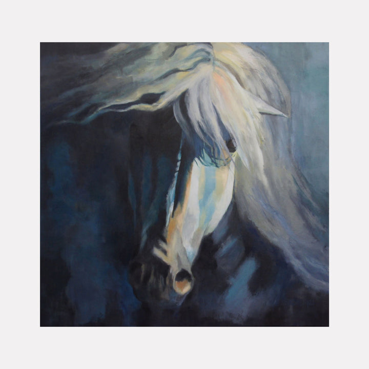 White Stallion by Kristin Stashenko reveals a majestic horse emerging from deep shadows, its flowing mane illuminated with soft, ethereal light. The rich blue and gray tones blend with delicate highlights, capturing a sense of grace and quiet power in this evocative equine portrait.