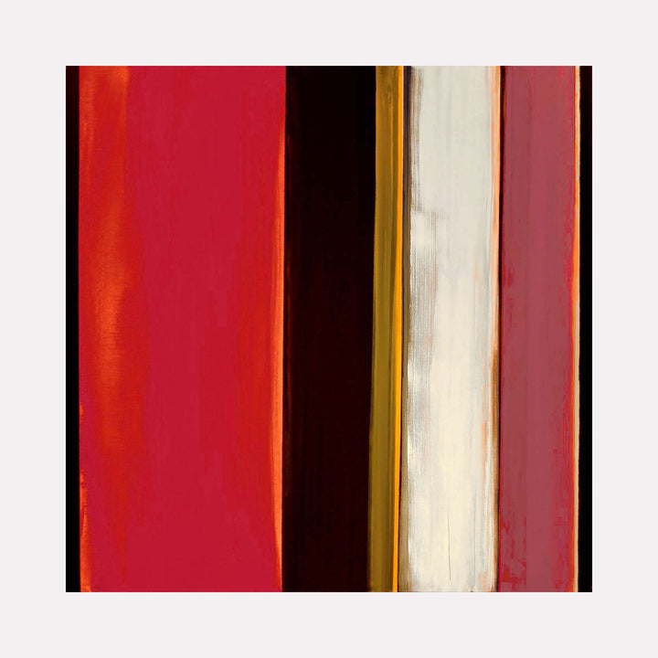 The artwork 'Geo 2' by Vanessa Ryan features bold vertical stripes in vibrant red, deep burgundy, and cream tones, creating a striking geometric abstract composition on canvas. The acrylic painting showcases clean lines with subtle textural brushwork, emphasizing a modern minimalist aesthetic with warm color harmonies. 36x36 inches by Vanessa Ryan.