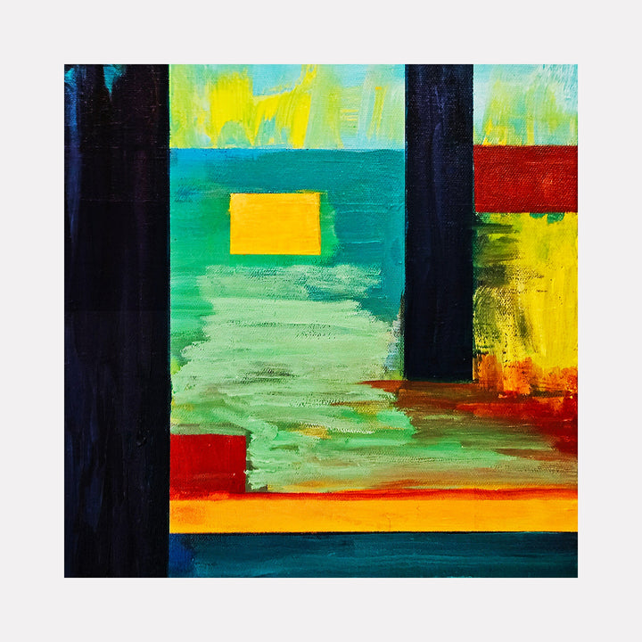 The artwork 'Afternoon Rain' by Vanessa Ryan features bold geometric abstract composition with vibrant blocks of yellow, teal, and red against deep navy vertical bars. Acrylic brushstrokes create textural depth on 12x12 inch canvas, evoking a modernist cityscape view through rain-streaked windows with dramatic color contrasts and architectural elements.