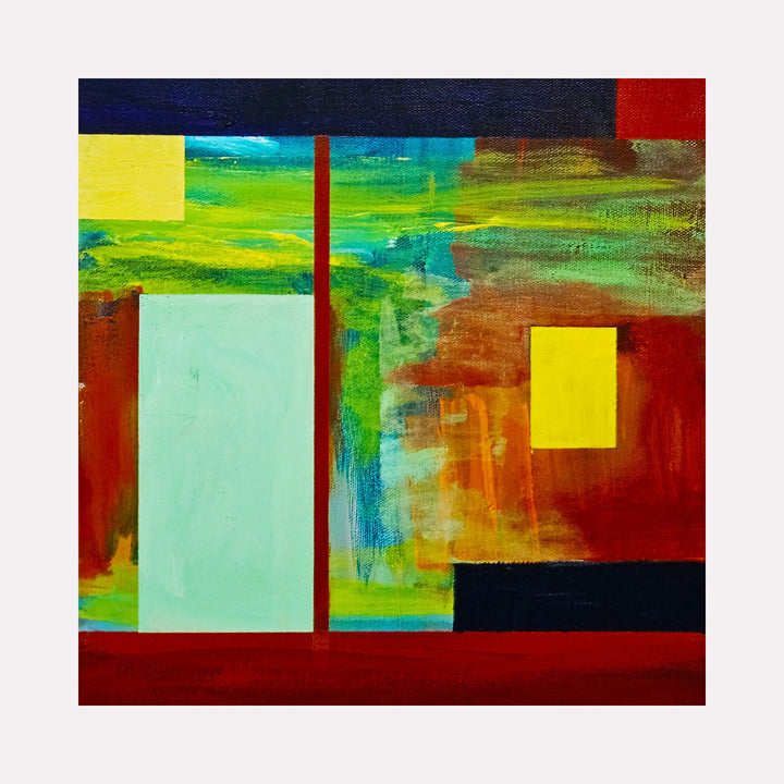 The artwork 'April Rain' by Vanessa Ryan features an abstract geometric composition with bold color blocks in red, yellow, and mint green. Dynamic brushstrokes create textural depth across a 12x12 canvas, while vertical and horizontal lines segment the space into modern architectural forms, suggesting urban windows glimpsed through spring rain. Acrylic paint application varies from opaque blocks to translucent washes.