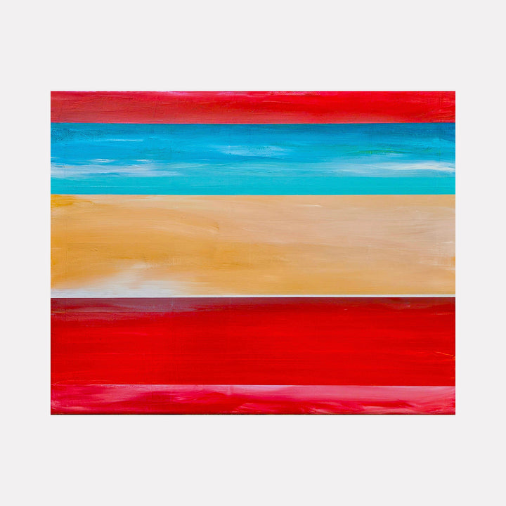 The artwork 'Beyond the Sea' by Vanessa Ryan features bold horizontal stripes in vibrant red, turquoise blue, and sandy beige colors. The acrylic painting on canvas depicts an abstract coastal landscape with smooth brushstrokes creating a minimalist beach scene. The composition balances warm and cool tones in a contemporary style, measuring 16x20 inches.