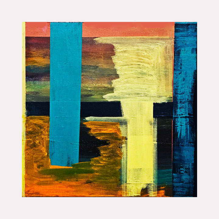 The artwork 'Early Evening Rain' by Vanessa Ryan features bold geometric shapes in vibrant turquoise, yellow, and orange hues. Abstract composition with vertical blocks intersecting horizontal strokes creates depth and movement. Textured acrylic brushwork on 12x12 canvas showcases contrasting dark and light elements reminiscent of urban landscapes at dusk.