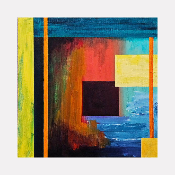 The artwork 'Gentle Rain' by Vanessa Ryan features a vibrant abstract composition with geometric shapes in contrasting colors. Bold yellows and oranges transition into deep blues and turquoise, with black rectangular elements creating dramatic contrast. The acrylic painting on canvas showcases dynamic brushstrokes and color blocking, suggesting modern abstract expressionism.