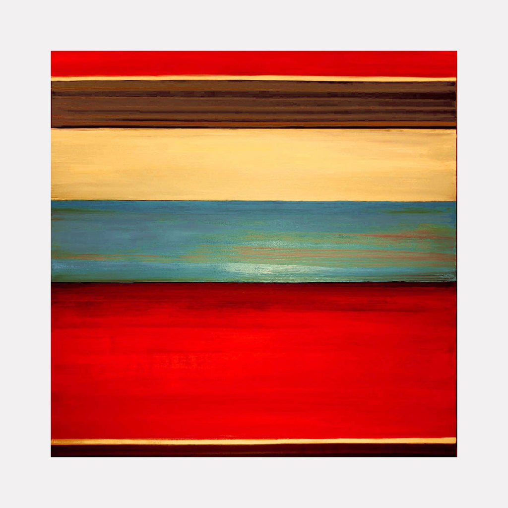 The artwork 'Geo 5' by Vanessa Ryan features bold horizontal stripes in vibrant red, brown, cream, and turquoise colors. Abstract acrylic painting on canvas displaying geometric color blocking with subtle textural brushwork. Rich crimson bands frame the composition, while a serene aqua stripe creates striking contrast in this modern minimalist piece.