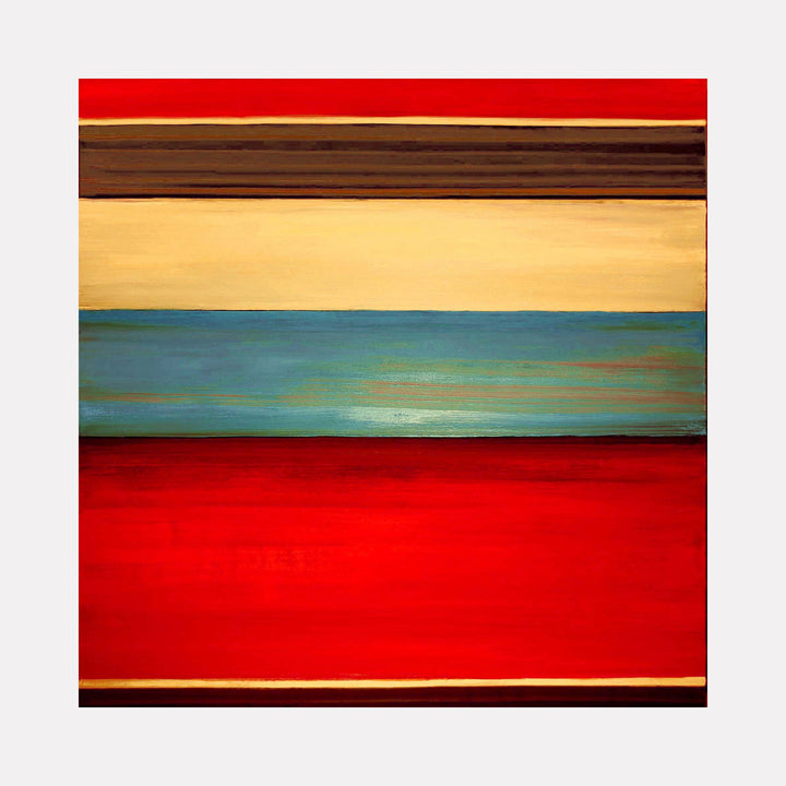 The artwork 'Geo 5' by Vanessa Ryan features bold horizontal stripes in vibrant red, brown, cream, and turquoise colors. Abstract acrylic painting on canvas displaying geometric color blocking with subtle textural brushwork. Rich crimson bands frame the composition, while a serene aqua stripe creates striking contrast in this modern minimalist piece.