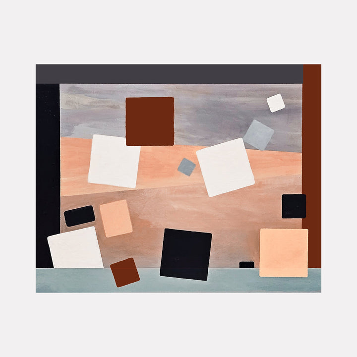 The artwork 'Landscape at Dusk' by Vanessa Ryan features abstract geometric squares in black, white, brown, and peach tones floating against a muted background of layered horizontal bands in gray, salmon, and pale blue. The composition creates a minimalist, contemporary interpretation of a sunset landscape using acrylic on canvas, measuring 24 x 30 inches.