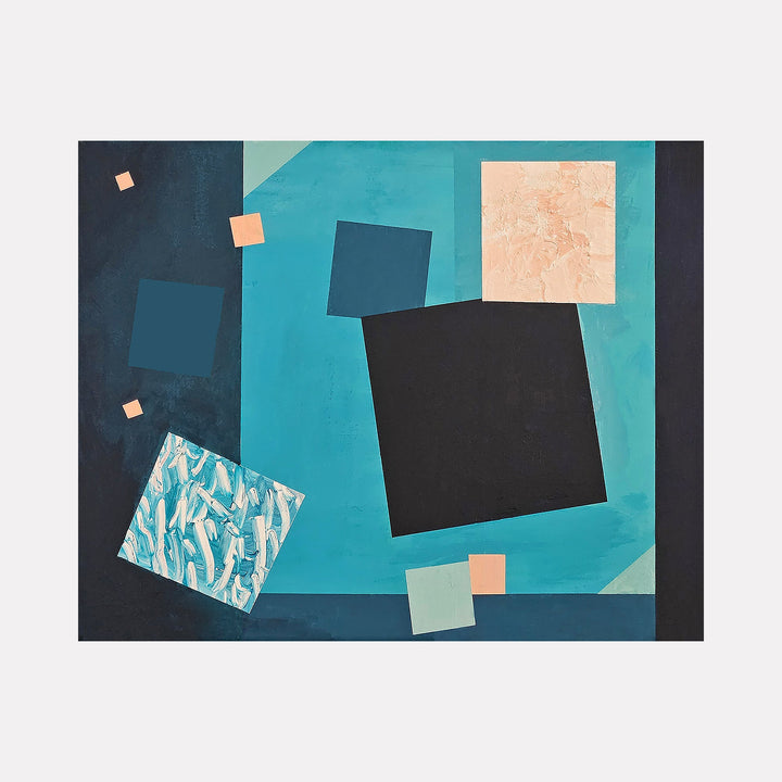 The artwork 'Peach-Filled Days and Turquoise Nights' by Vanessa Ryan features geometric abstract composition with floating squares against a vibrant turquoise background. Dark navy and black squares contrast with textured peach elements, creating dynamic spatial relationships. 16x20 inch acrylic painting showcases modern minimalist style.