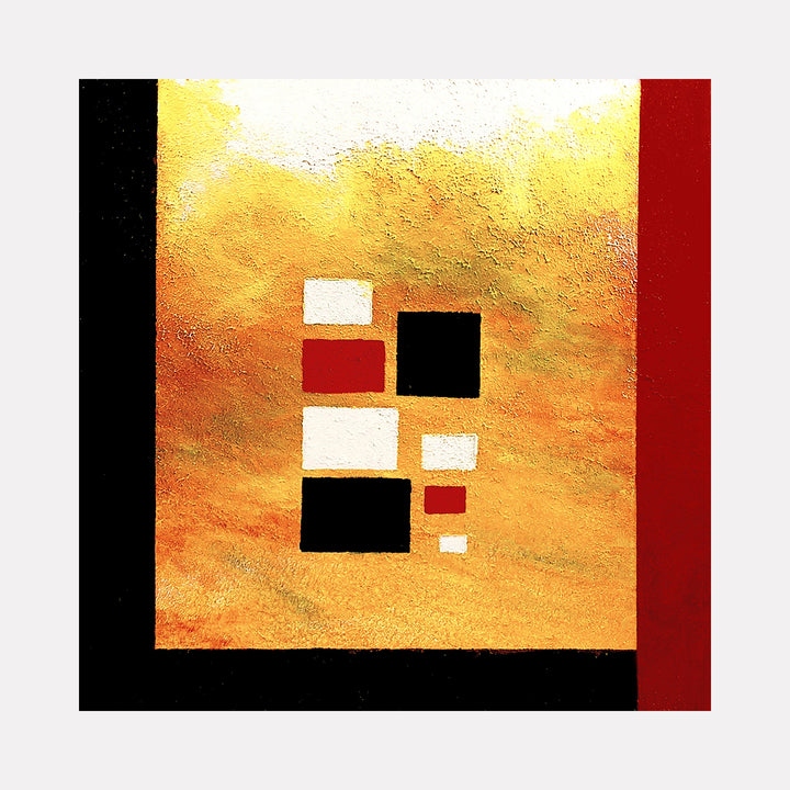 The artwork 'Pueblo #1' by Vanessa Ryan features geometric squares in black, white, and red arranged asymmetrically on a textured golden-orange background. The composition evokes a modernist Southwest aesthetic, combining acrylic paint and sand to create a rich, earthy surface. Black borders frame the abstract design, completing this 24x24 inch canvas.