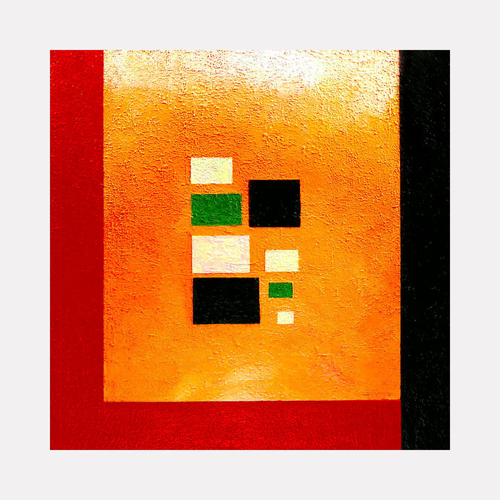 The artwork 'Pueblo #2' by Vanessa Ryan features geometric black, white, and green squares floating on a vibrant orange background with textured sand elements. A bold red border frames the left side, while a black border anchors the bottom, creating a modern abstract composition that evokes Southwestern architectural forms.