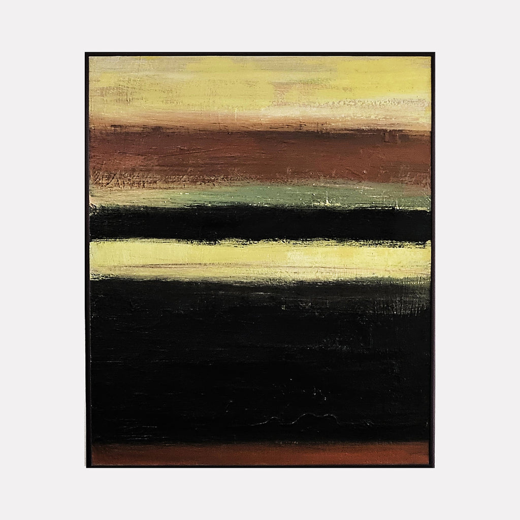 The artwork 'Rustic #2' by Vanessa Ryan features horizontal bands of color in an abstract landscape style. Rich earth tones of brown and black are balanced with soft yellow and sage green stripes, creating a minimalist composition with textured brushstrokes on canvas. The 24x20 inch acrylic painting evokes a contemporary interpretation of natural horizons.