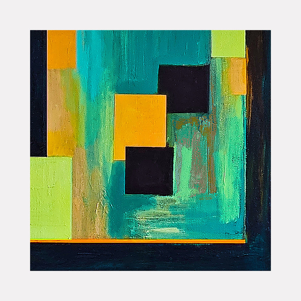 The artwork 'Spring Rain' by Vanessa Ryan features a modern abstract composition with geometric squares in vibrant yellow and black, set against a dynamic turquoise background. The painting showcases bold brushstrokes and textured layers of acrylic paint, creating a contemporary interplay of warm and cool tones with touches of lime green, creating a fresh, energetic aesthetic on canvas.